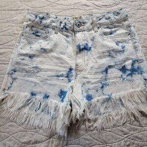 TRUE CRAFT sz 7 FRAYED & DISTRESSED TIE DYED DENIM HIGH RISE SHORTS